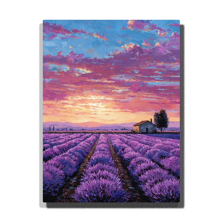 Lavender fields beneath a rose violet sunset sky with long flower rows, small farmhouse, and glowing countryside evening light, city paint by numbers wall art by PaintEasy