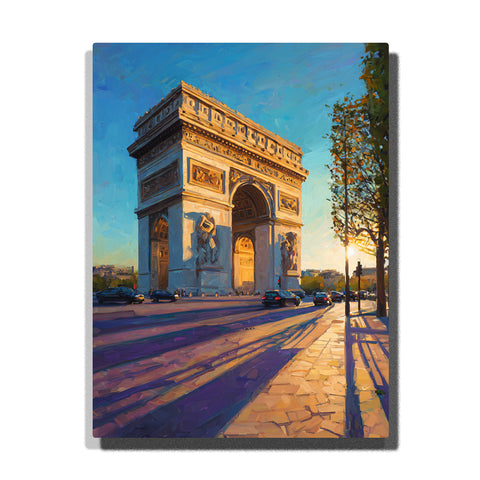 Arc de Triomphe with long golden street shadows, sunlit Paris monument, blue sky, and warm city avenue light, city paint by numbers wall art by PaintEasy