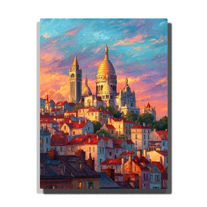 Sacré-Cœur dome above sunlit red rooftops at sunset with glowing Paris skyline, pastel clouds, and layered hilltop city architecture, city paint by numbers wall art by PaintEasy