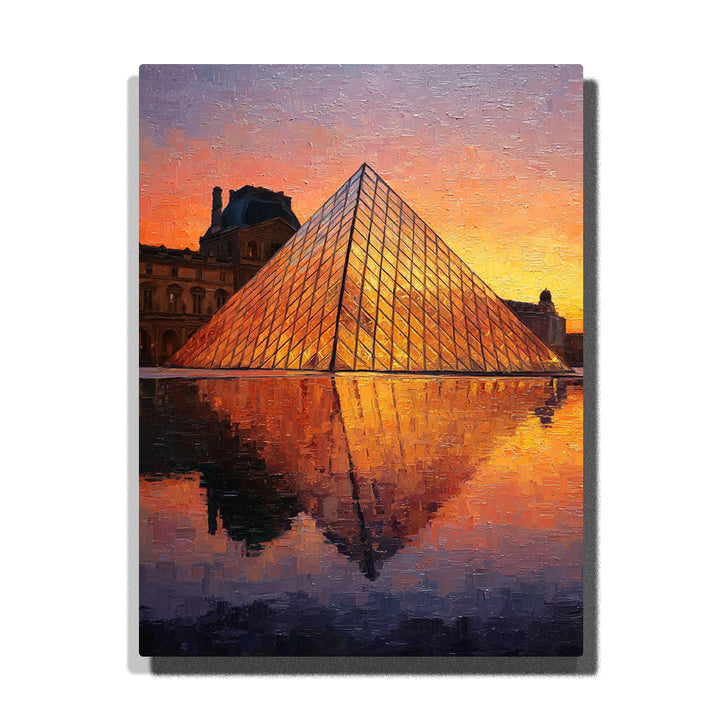 Louvre Glass Pyramid with golden water reflections at dusk, glowing Paris landmark, still reflecting pool, and warm evening sky, city paint by numbers wall art by PaintEasy