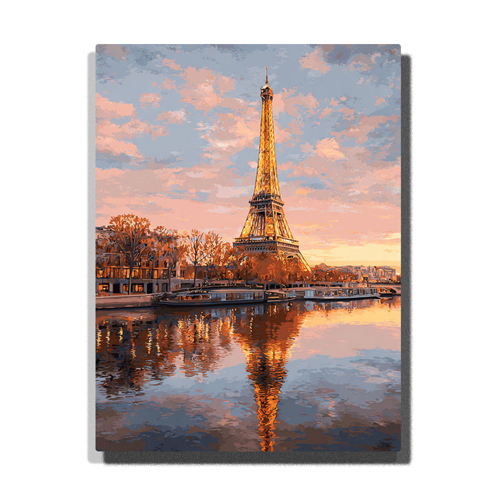 Eiffel Tower with golden river reflections at sunset, glowing Paris skyline, soft evening clouds, and calm waterfront light, city paint by numbers wall art by PaintEasy