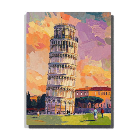 paint by numbers artwork depicting Leaning Tower of Pisa with sunset sky, open lawn and historic buildings, city landmark wall decor for adults by PaintEasy