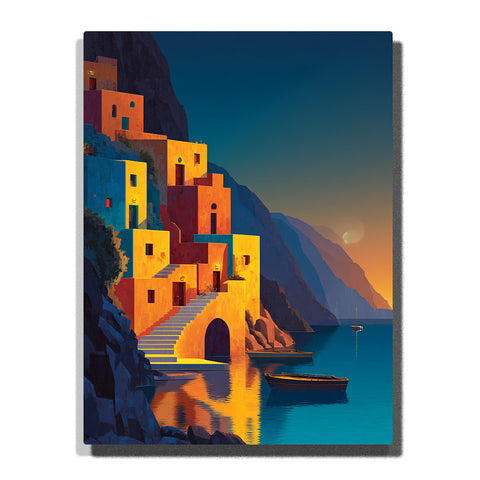 Glowing cliffside houses above a blue coastal inlet with stairways, arched passage, mountain shadows, and reflective water, city paint by numbers wall art by PaintEasy