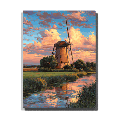 Canal windmill beneath peach and blue evening clouds with reflective water, grassy banks, and a calm European city atmosphere, city paint by numbers wall art by PaintEasy