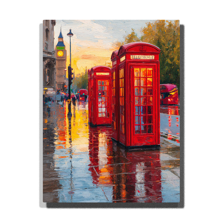 Red London telephone boxes on a rainlit street with Big Ben, wet pavement reflections, and glowing evening city light, city paint by numbers wall art by PaintEasy