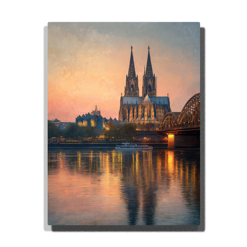 Twin cathedral spires above golden river reflections at dusk with Gothic architecture, arched bridge, and warm European city light, city paint by numbers wall art by PaintEasy