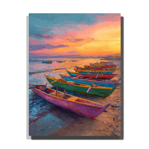 Colorful shore boats beneath a glowing sunset coast with painted wooden hulls, reflective sea, and warm evening sky, city paint by numbers wall art by PaintEasy