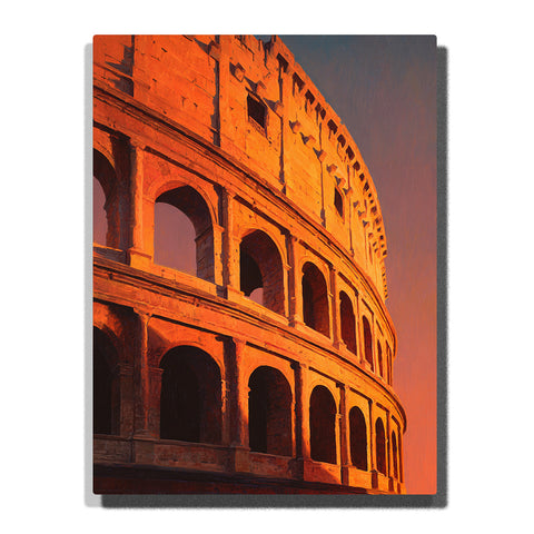 Sunlit Roman Colosseum arches at warm dusk with glowing stone walls, deep shadowed arcades, and an orange evening sky, city paint by numbers wall art by PaintEasy