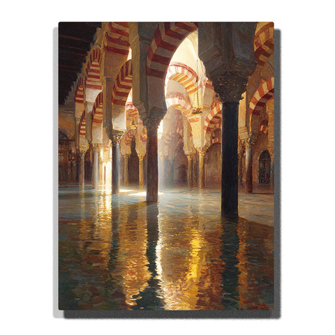Sunlit Moorish hall with striped arches, dark columns, and golden reflections across a luminous floor, city paint by numbers wall art by PaintEasy