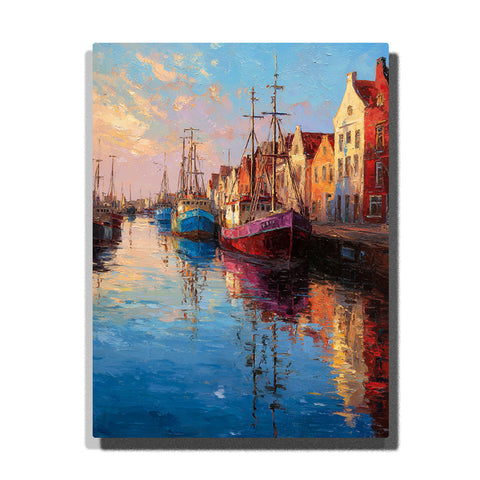 Colorful harbor boats beside sunlit waterfront houses with tall masts, calm canal reflections, and a bright European port atmosphere, city paint by numbers wall art by PaintEasy