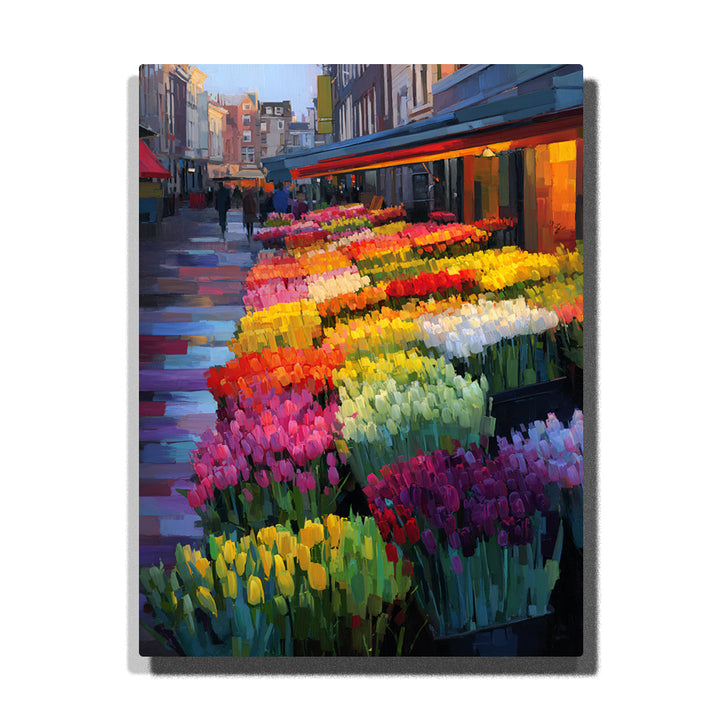 City flower market with colorful tulip rows, street stalls, pedestrians, and vibrant urban floral display, city paint by numbers wall art by PaintEasy