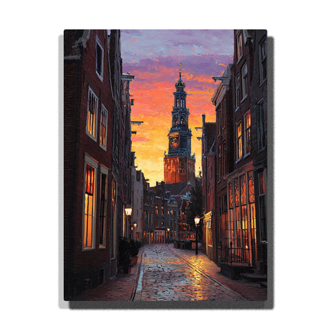 Sunset church tower along a glowing cobblestone lane with warm windows, narrow brick buildings, and a vivid old-city evening sky, city paint by numbers wall art by PaintEasy