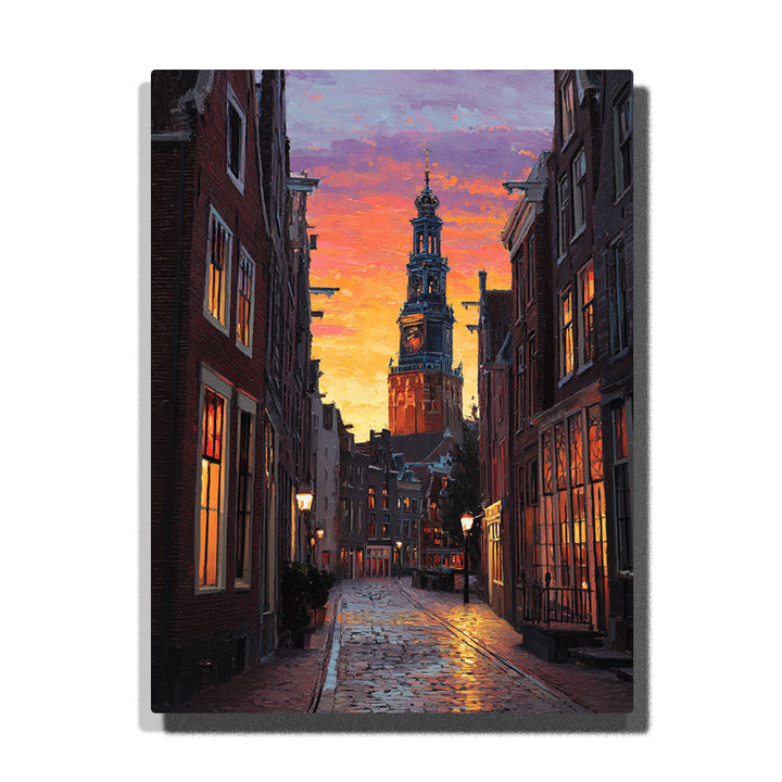 Sunset church tower along a glowing cobblestone lane with warm windows, narrow brick buildings, and a vivid old-city evening sky, city paint by numbers wall art by PaintEasy