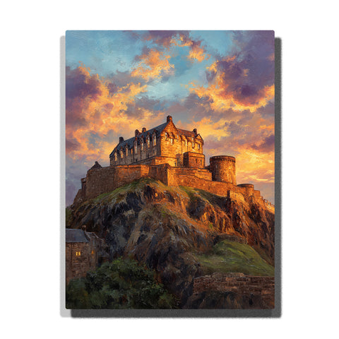 Sunlit hilltop castle beneath dramatic gold and blue clouds with rocky slopes, glowing stone walls, and historic fortress architecture, city paint by numbers wall art by PaintEasy