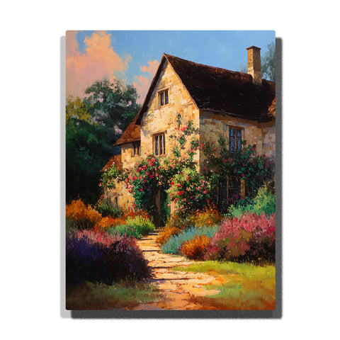 Sunlit cottage street with a blooming garden path, stone house, colorful flower borders, and warm village architecture, city paint by numbers wall art by PaintEasy