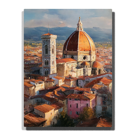 Terracotta dome cathedral above a Tuscan city rooftop view with warm stone architecture and a tall bell tower, city paint by numbers wall art by PaintEasy