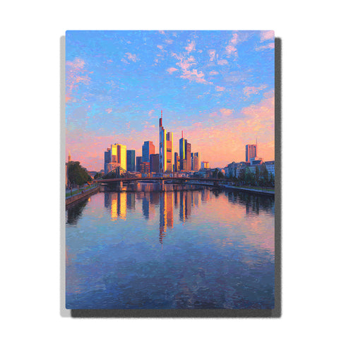 Modern skyline reflections across a calm blue river with glass towers, pastel evening sky, and clean metropolitan city light, city paint by numbers wall art by PaintEasy