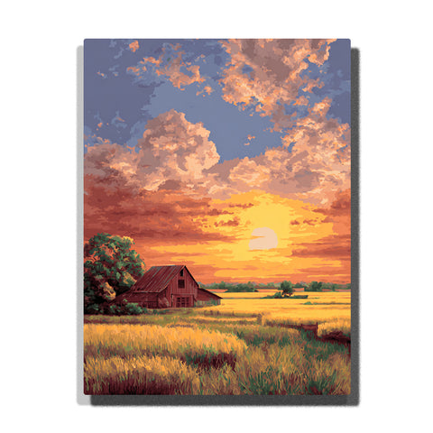 Sunset farmhouse beside golden open fields with glowing clouds, red-roofed barn, and warm rural city-edge atmosphere, city paint by numbers wall art by PaintEasy