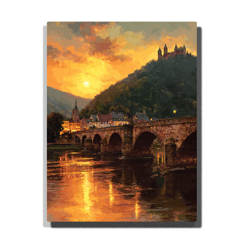 Golden river bridge beneath a hilltop castle at sunset with warm stone arches, glowing water reflections, and historic European city light, city paint by numbers wall art by PaintEasy