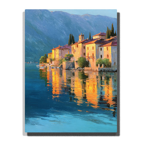 Sunlit waterfront village with pastel houses, golden reflections, blue mountain backdrop, and calm lake water, city paint by numbers wall art by PaintEasy