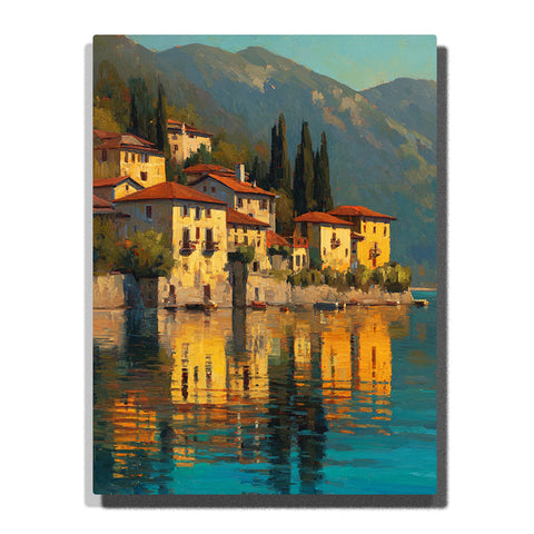 Lakeside villas with cypress trees, terracotta roofs, and golden water reflections beneath soft mountains, city paint by numbers wall art by PaintEasy