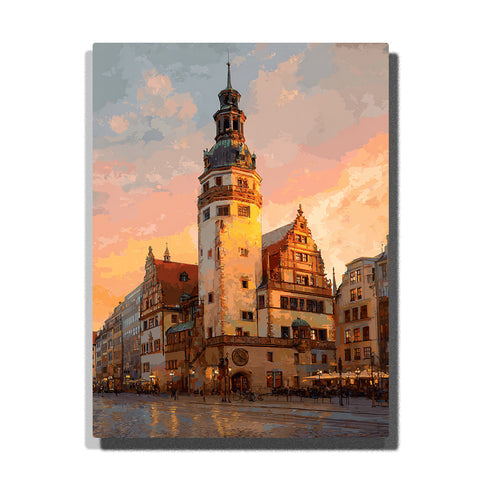 Sunlit clock tower beside historic gabled facades at dusk with warm European city light, old-town square, and peach evening sky, city paint by numbers wall art by PaintEasy