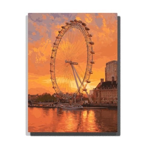 London Eye above golden river reflections at sunset with glowing orange sky, riverside buildings, and boats, city paint by numbers wall art by PaintEasy