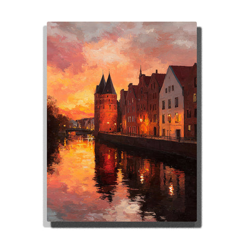 Glowing canal tower beneath a fiery sunset sky with historic waterfront buildings, dark water reflections, and warm European city light, city paint by numbers wall art by PaintEasy