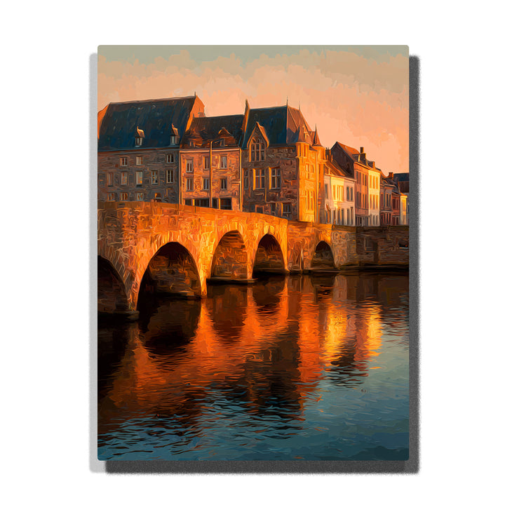 Historic Stone Bridge Paint by Numbers For Adults featuring European riverside houses glowing in golden sunset light with orange reflections across dark blue water