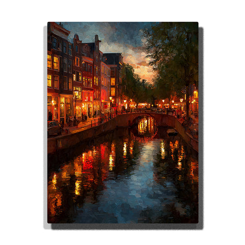 Glowing canal street beneath a deep evening sky with illuminated windows, arched bridge, dark water reflections, and historic city buildings, city paint by numbers wall art by PaintEasy