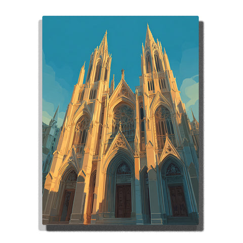 Sunlit Gothic cathedral with twin spires, pointed arches, and a clear blue sky, city paint by numbers wall art by PaintEasy