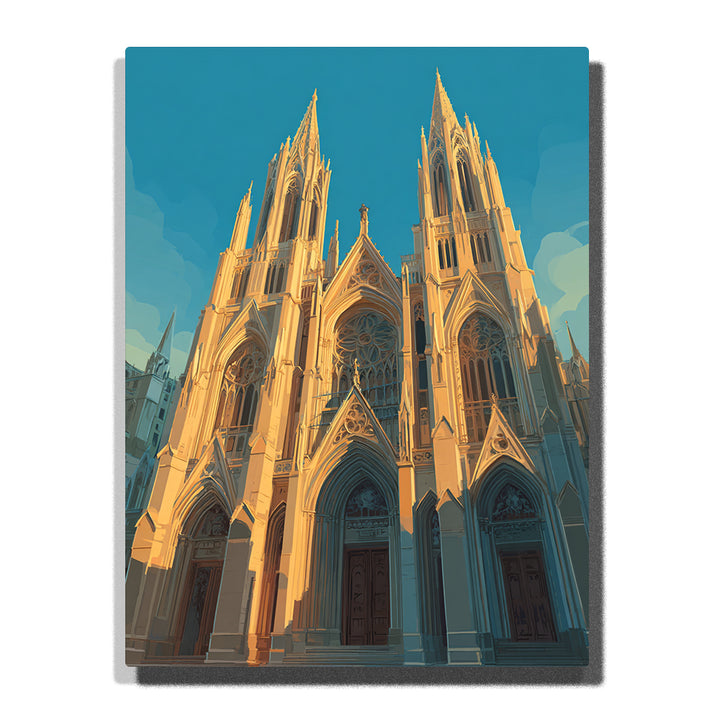 Sunlit Gothic cathedral with twin spires, pointed arches, and a clear blue sky, city paint by numbers wall art by PaintEasy