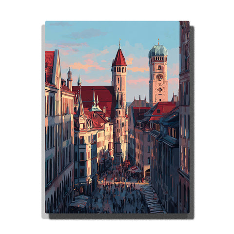 Sunlit old town towers along a busy historic street with red rooftops, European facades, and lively city architecture, city paint by numbers wall art by PaintEasy