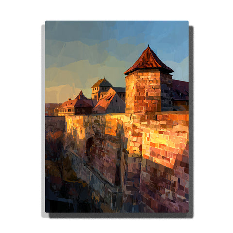 Sunlit fortress walls beneath a clear blue sky with historic stone towers, glowing ramparts, and warm European city architecture, city paint by numbers wall art by PaintEasy