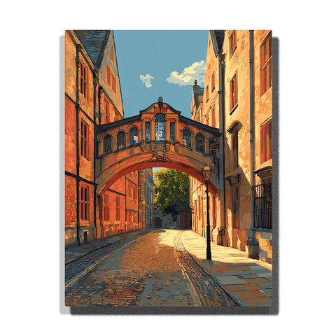Sunlit Bridge of Sighs over a quiet cobblestone lane with warm historic buildings, arched passage, and soft blue sky, city paint by numbers wall art by PaintEasy