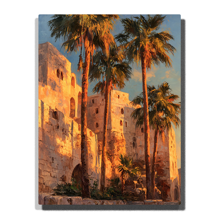 Palm trees beside a sunlit desert fortress wall with warm stone towers and golden evening light, city paint by numbers wall art by PaintEasy
