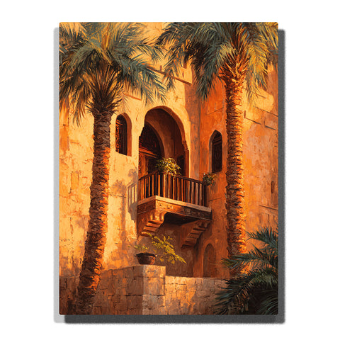 Sunlit palm courtyard with an arched balcony, warm stone walls, and Mediterranean city architecture, city paint by numbers wall art by PaintEasy