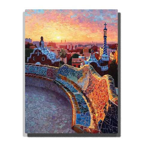 Mosaic terrace overlooking a sunset city skyline with colorful tiled curves, sculptural towers, and glowing evening sky, city paint by numbers wall art by PaintEasy