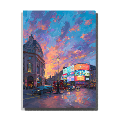 Piccadilly city lights beneath a blue violet sunset sky with glowing billboards, wet street reflections, cars, and London buildings, city paint by numbers wall art by PaintEasy