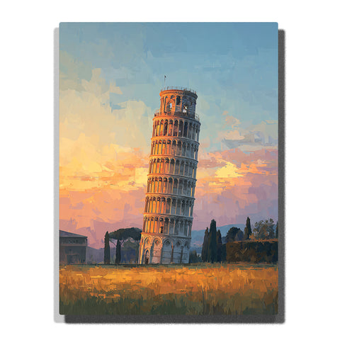 Leaning tower at sunset with golden field, cypress trees, and a soft pastel sky, city paint by numbers wall art by PaintEasy
