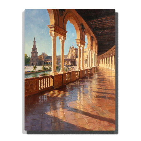 Sunlit palace arcade with arched colonnade, reflective tiled floor, and historic towers beyond the courtyard, city paint by numbers wall art by PaintEasy