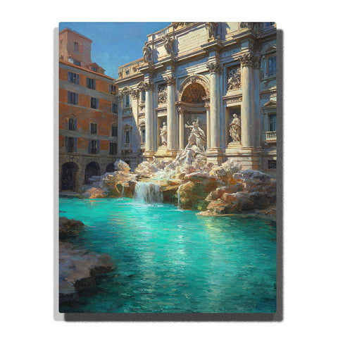 Baroque fountain with turquoise water, sunlit stone facade, carved statues, and flowing cascades, city paint by numbers wall art by PaintEasy