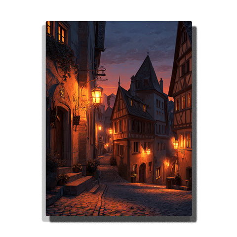 Glowing medieval lane beneath a deep twilight sky with lantern-lit houses, cobblestone street, and half-timbered old town architecture, city paint by numbers wall art by PaintEasy