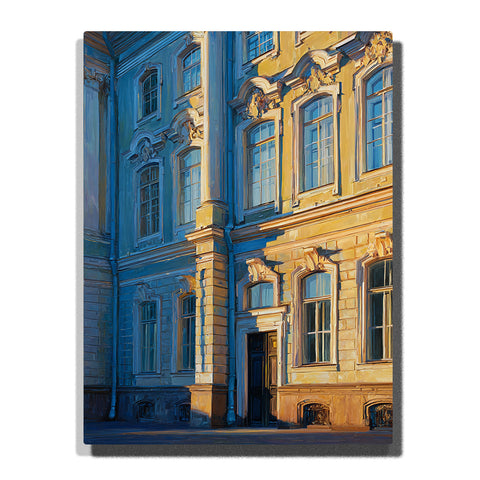Sunlit Baroque facade with tall windows, carved stone details, and cool blue shadows, city paint by numbers wall art by PaintEasy