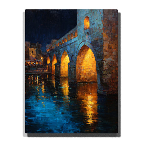 Night stone bridge with glowing arches, warm reflections, and deep blue water beside a historic city, city paint by numbers wall art by PaintEasy