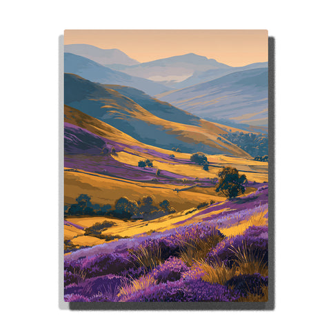 Golden hills above a violet heather valley with layered blue mountains, sunlit slopes, and purple flowering foreground, city paint by numbers wall art by PaintEasy