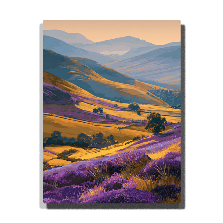 Golden hills above a violet heather valley with layered blue mountains, sunlit slopes, and purple flowering foreground, city paint by numbers wall art by PaintEasy