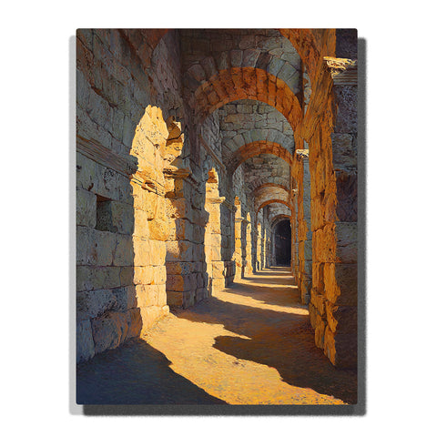 Sunlit stone arcade with repeating arches, warm masonry walls, and long shadows in a historic corridor, city paint by numbers wall art by PaintEasy