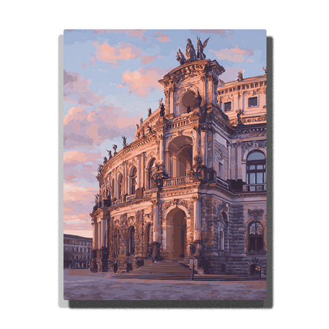 Grand Baroque facade beneath a rose blue evening sky with ornate arches, carved stone details, and elegant European city architecture, city paint by numbers wall art by PaintEasy
