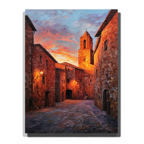 Old stone street with a glowing bell tower, warm sunset sky, and textured historic buildings, city paint by numbers wall art by PaintEasy